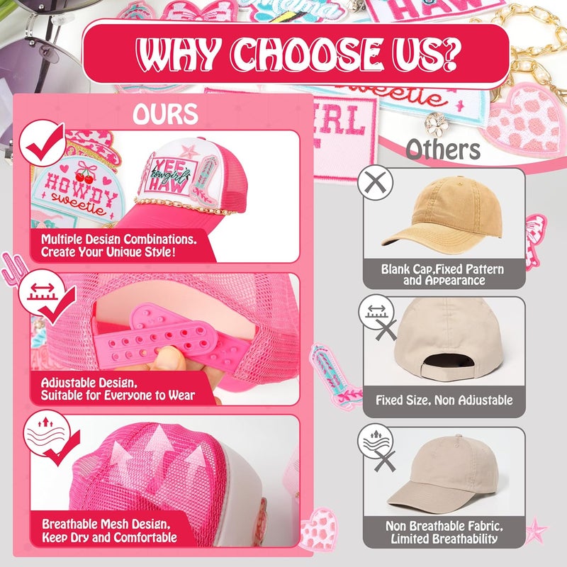 Meneng Women Trucker Hat Bulk: Western Adjustable Snapback Caps - Cowgirl DIY Hat Kit with Chains & Embroidered Patches - Image 2